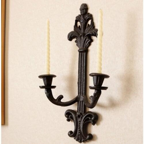 European Style Retro Wall Candle Holders Cast Iron 2 Arm Candlestick Metal Courtyard Bougeoir Candles Home Decoration