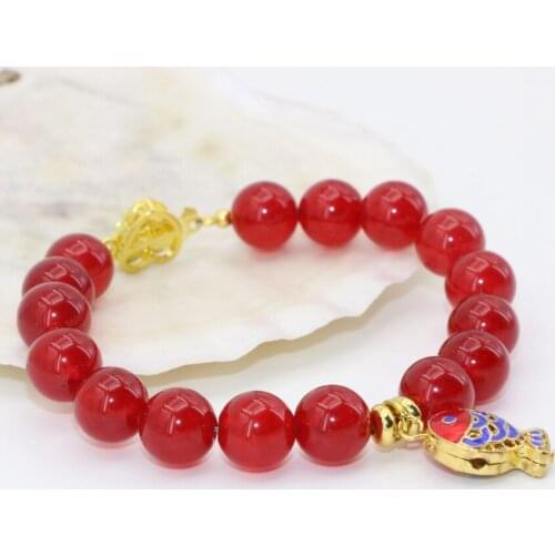 Gld-color cloisonne spacer 10mm round natural stone chalcedony red jades beads strand beaded bracelet jewels 7.5inch B2723