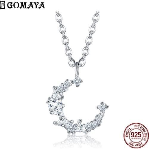 GOMAYA 925 Sterling Silver Irregular Moon Pendant Necklace For Women Shining Zircon Long Chain Necklaces Engagement Jewelry