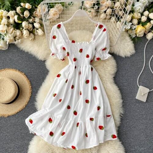 Strawberry Dress Cherry Kawaii Embroidery Puff Sleeve Dress Women Vintage White Square Neck Beach Dresses 2021 Korean Clothes