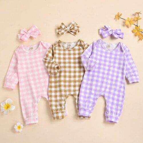 Newborn Baby Boys Girls Clothes Long Sleeve Plaid Print Jumpsuit Romper+Headbands Sets 3 6 12 18 Months combinaison bebe fille