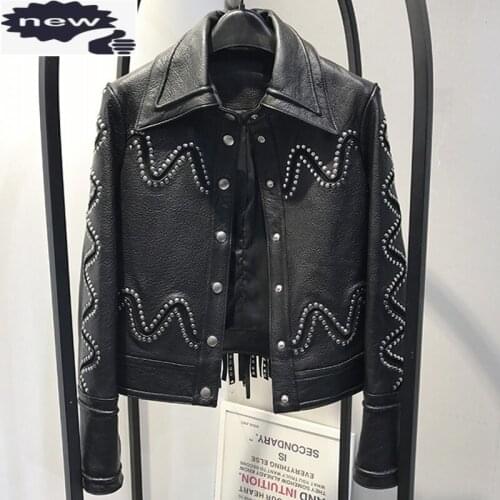 Luxury Heavy Work Rivet Tassel Real Leather Female jackets Moto Biker Single Breasted Lapel Womens Sheepskin Solid Short Coats