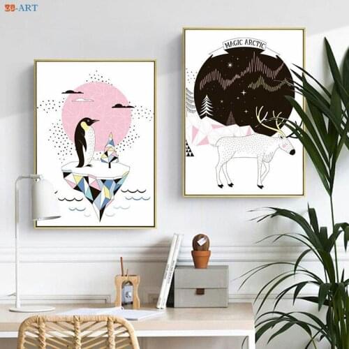 Set of 2 Prints Magic Arctic Animals Print Geometric Penguin Poster Canvas Painting Wall Art Nursery Pink Safari Kids Room Decor