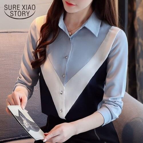 2020 Autumn New Long Sleeve Lapel Chic Chiffon Blouse Women Fashion Stitching Korean Loose Slim Bottoming Shirts Blusas 10750