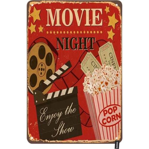 Movie Night Poster Tin Sign Enjoy the Show with Popcorn Red Background Vintage Metal Tin Signs for Men Bars Clubs Cafes