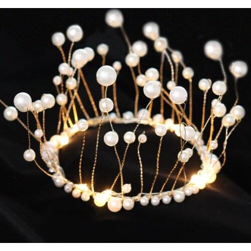 Princess Pearl Crown Cake Decoration Ornaments Handmade Whole Circle Birthday Crown With Lamp Decoration Ornaments Plug-In