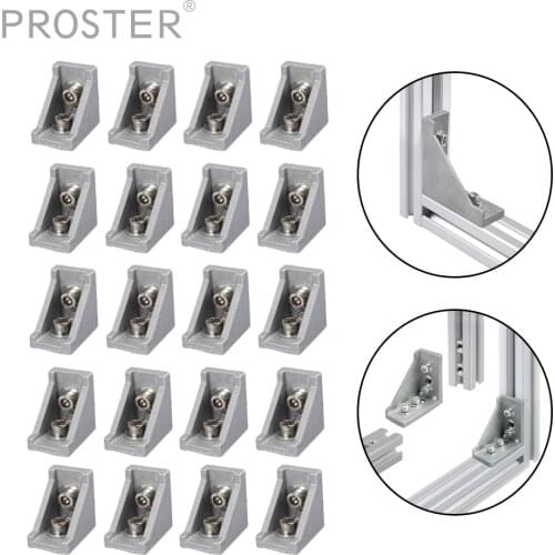 PROSTER 20pcs 2020 For Aluminum Profiles Angle Connector Corner Angle Bracket With Screw & Hammer Hardware Mounting Fitting Kit
