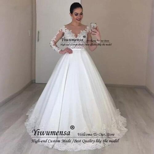 Luxury Ball Gown Wedding Dress Boho With Skin Tulle Long Sleeves Scoop Neck Beaded Marriage Bridal Gowns Vestido De Novia 2021