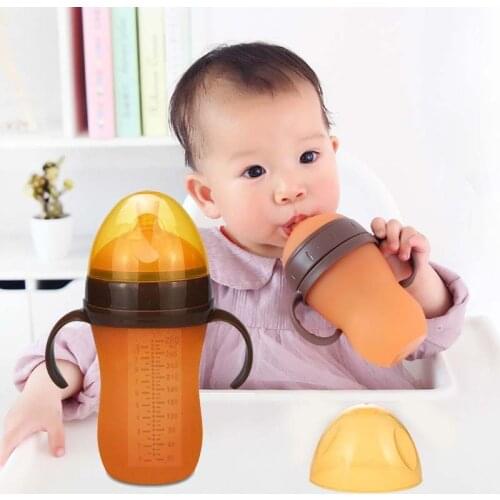 Silicone Baby Bottle Soft Milk Feeding Bottle Width Mouth Adjust Water Cup Hand Holder Shatter Proof Milk Bottles Baby Care