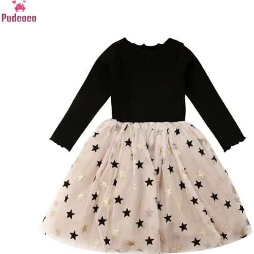 Spring Autumn Toddler Baby Girls Princess Dress Star Printed Lace Patchwork Knee Length Tutu Party Dresses 2-7Y