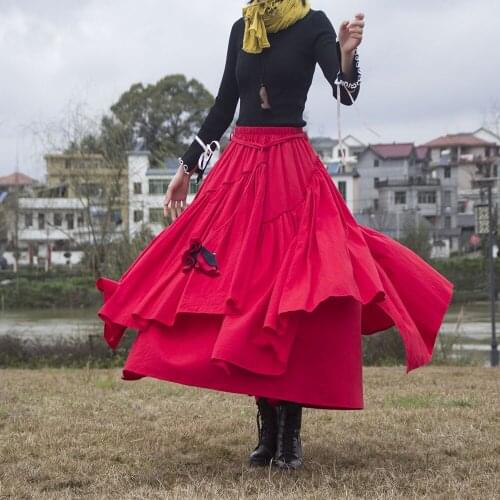 Lugentolo Retro Swing Skirts Woman Pleated Cotton Linen Solid Color Empire Asymmetrical Long Skirt