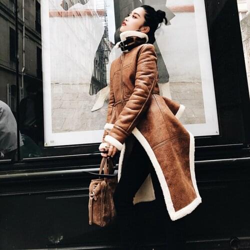 Hot Sale Fur Leather Winter Jacket Women Thick Fashion High Street Brown Cashmere Long Sleeves Irregular Patchwork Biker Jackets