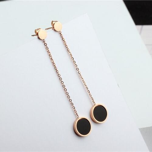 YUN RUO Rose Gold Color Black Enamelled Tassels Stud Earrings for Woman Girl Not Allergy 316L Stainless Steel Fashion Jewelry