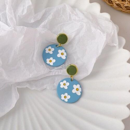 Spring Elegant 2021 New Blue Round White Flower Drop Earring For Women Summer Jewelry Accessories Fashion Gift