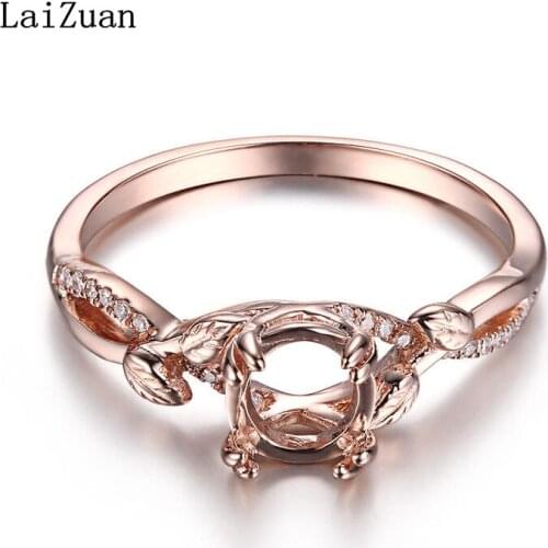 LaiZuan Solid 14K Rose Gold Round Cut 6.5mm 0.1CT 100% Genuine Diamonds Semi Mount Engagement Ring Setting Women Elegant Jewelry