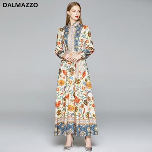 High Quality Vintage Print Women Single-Breasted Shirt Sleeve Long Dresses 2020 New Autumn Womans Runway Belt Dress Vestidos XXL