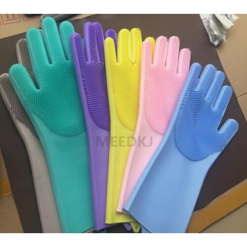 1 pair Dish Washing Gloves Magic Silicone Dishes Cleaning Gloves With Cleaning Brush Kitchen Wash Housekeeping Scrubbing Gloves