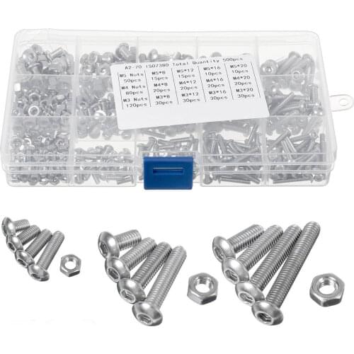 500/1080pcs M2 M3 M4 M5 Hex Socket Screw Set Carbon Steel Flat Round Cap Head Screws Bolts and Nuts Assortment Kit w/Storage Box
