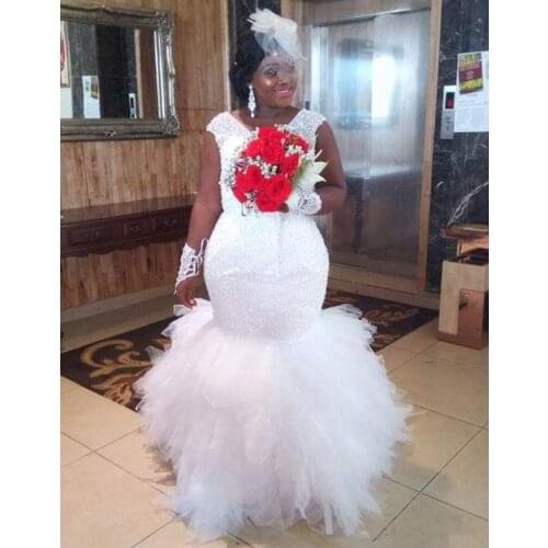 Africa Plus Size Mermaid Wedding Dresses Beaded Sequins Tiered Tulle sweep Train African Corset Back Bridal Gowns wedding gown