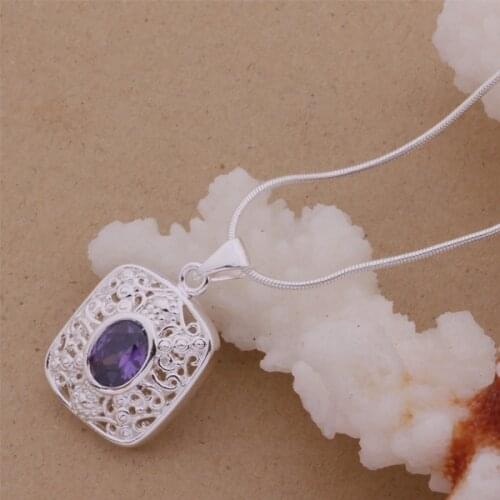 AN090 Hot sterling Necklace fashion jewelry pendant rhombus purple stone /gfqaowxa akeajbla silver color