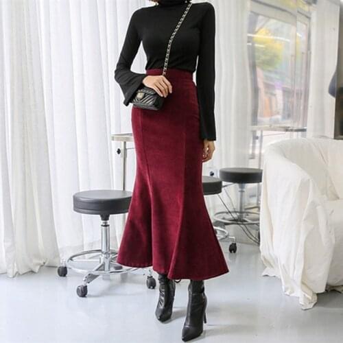 Free Shipping 2019 Fashion Long Maxi Skirt Women XS-2XL Mermaid Style Suede Ladies Black And Red High Waist Autumn Winter Skirts
