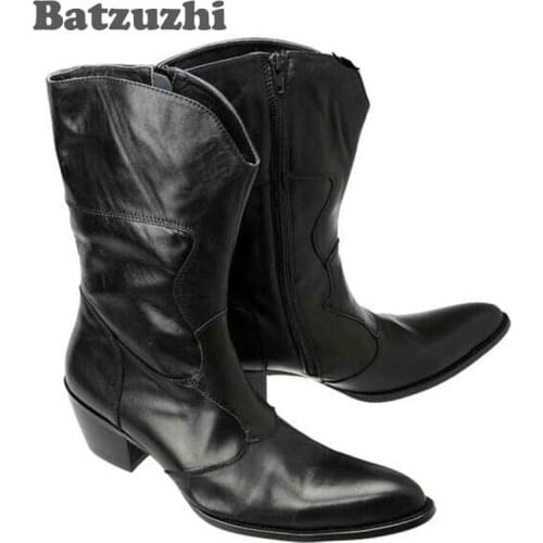 Batzuzhi Black Fashion Vintage Man Boots Pointed Toe Fashion Male Boots Increased High Heels Horsehair Genuine Leather Boots Men