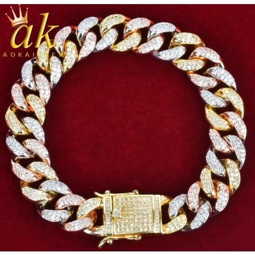 12MM Mixed Color Cuban Chain Bracelet Mens Hip hop Jewelry Iced Out AAA Zirconia Colorful Bracelet 7" 8"