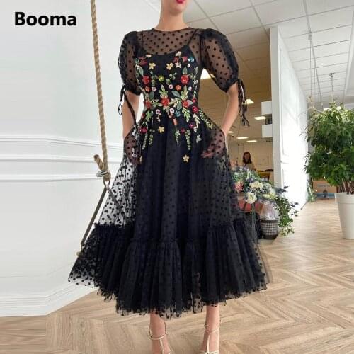 Black Polka Dotted Tulle Evening Dresses Short Sleeves Appliques Flowers A-Line Prom Dresses Tea-Length Wedding Party Dresses