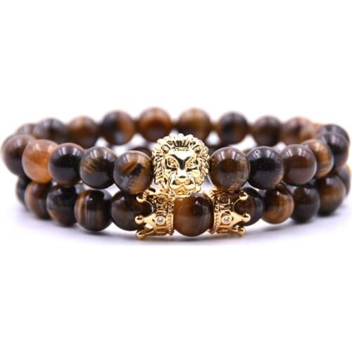 KANGKANG 2 pieces/set popular natural stone 8mm Bead Charm Bracelet Men&Women Jewelry Golden Lion head and Crown Bracelet Gift