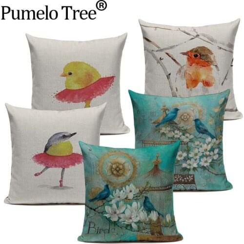 Colorful Linen Creative Watercolor Birds Painting Pattern Cushion Covers decorative pillows sofa Square Office 3D Throw Pillow