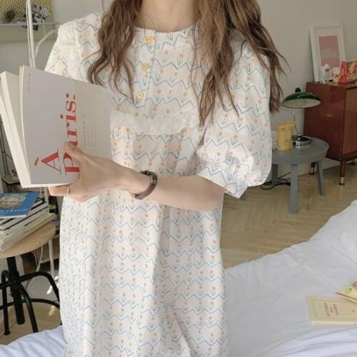 Summer New Floral Printed Nightgown Loose O-Neck Lace Patchwork Sleepwear Casual Fresh Thin Gown Sweet Princess Women Nightdress