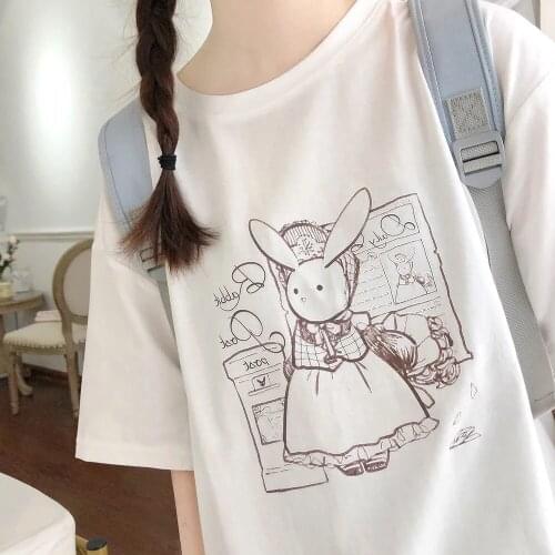 Miss Rabbit Kawaii Cute Anime Tshirt Women Casual Harajuku Style Oversize Female T-Shirt Summer Japan Clothes White T Shirts Top