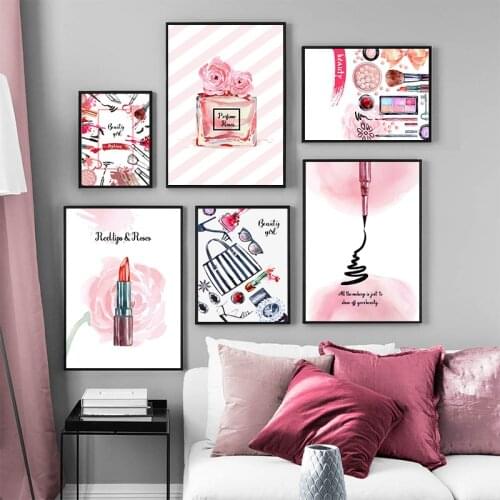 Pink Flower Perfume Fashion Poster Lipstick Bag Makeup Print Canvas Art Painting Wall Picture Modern Girl Room Home Decoration