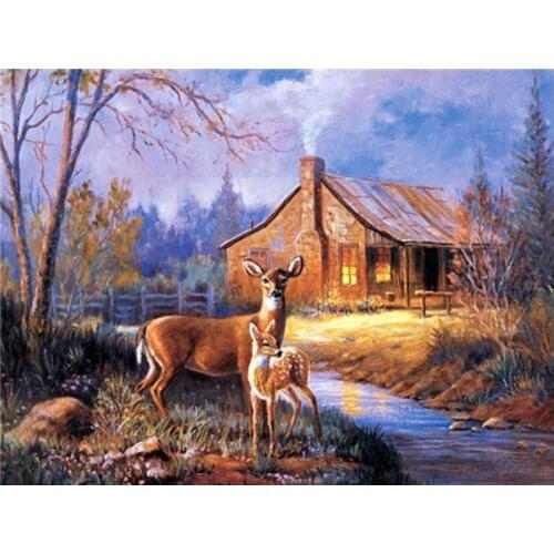 Diy Cottage Diamond Painting Kits Deer Scenery Mosaic Embroidery Picture Crystal Rhinestones Stickers Decal Wall Art Craft Gift