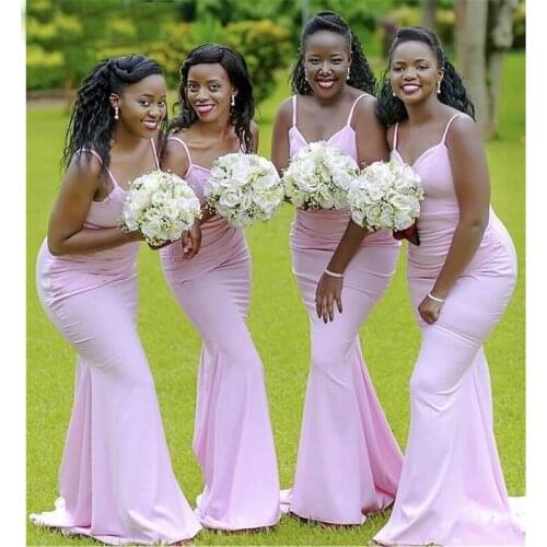 Nigeria African Girls Bridesmaid Dresses Pink Spaghetti Straps Mermaid Wedding Party Dress Long Gowns robe de soirée de mariage