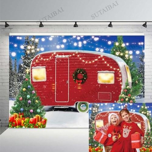 Christmas Backdrop Winter Snow Car Xmas Tree Gifts Background New Year Holiday Festival Party Decor Banner Photography Studio