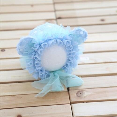 Handmade Lace Flower Hat Cute Pastel Blue Lace Bonnet Newborn Girl Bear Hat Infant Cap Aniaml Bonnet Teddy Newborn Photo Props