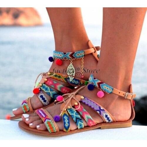 Women Shoes Sandals Womens Bohemian Fish Mouth Pom-Pom National Style Flat Sandals
