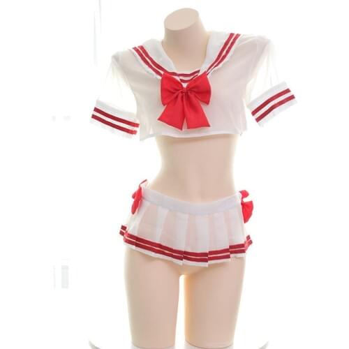 Red White Sailor JK Sexy Womens Lingerie 2PCS Set Transparent Shirt with Bow Tie & Short Mini Pleated Skirt Cute Exotic Apparel