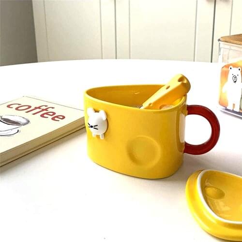 Creative Personality Cheese Ceramic Cartoon Cheese Shape Coffee Mugs Lid Office Coffee Cup Tea Mug Home Breakfast Milk Oat Cup