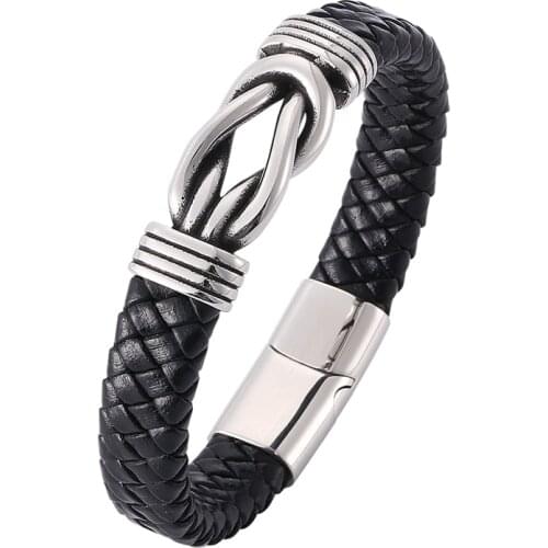 Vintage Charm Leather Bracelets for Men Black Braided Bracelet Stainless Steel Clasp Wristband Male Jewelry Fashion Gifts PW803