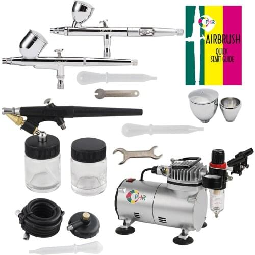 OPHIR PRO Air Compressor w/ 3Airbrush Guns Single-Action & 2-Dual-Action Air Brush Gun for Toy Model Paint Nail Art Cake _AC089