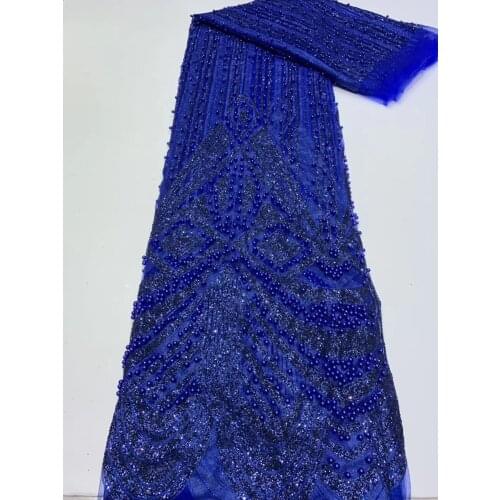 Royal Blue High Quality African Sequins Lace Fabric with Bead Embroidery French Mesh Lace Fabric for Nigerian Wedding Party