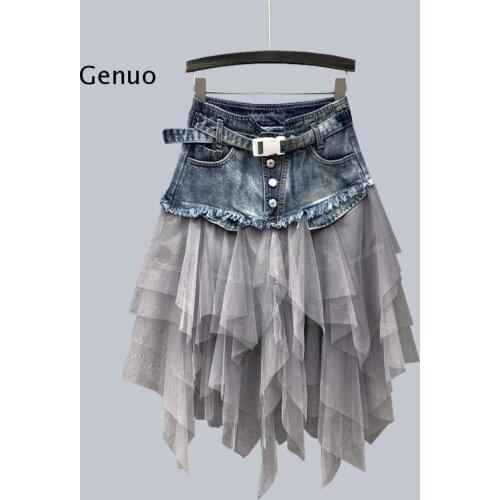 Asymmetrical Denim Jeans Tulle Skirts Womens High Waist Long Mesh Tutu Tassel Pleated Midi Gothic Skirt with Pockets Belt Black
