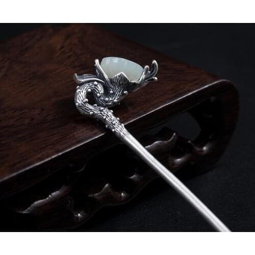 925 Sterling Silver Chinese Jade Hair Stick Vintage Lotus Flower Hanfu Hair Accessory Tassel Pin Accesories For Women Jewelry