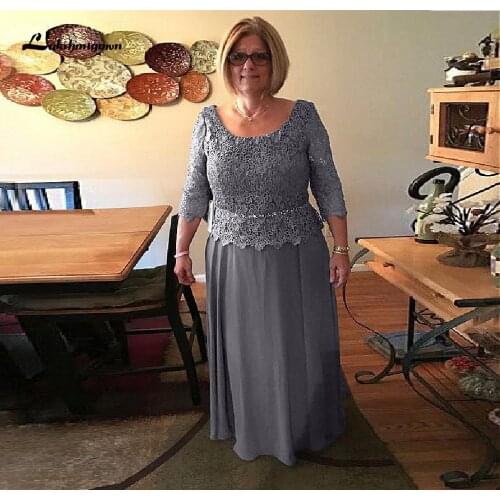 Plus Size O Neck Lace Chiffon Three Quarter Floor Length Mother of the Bridal Dresses Elegant robe de la mere de la mariee 2021
