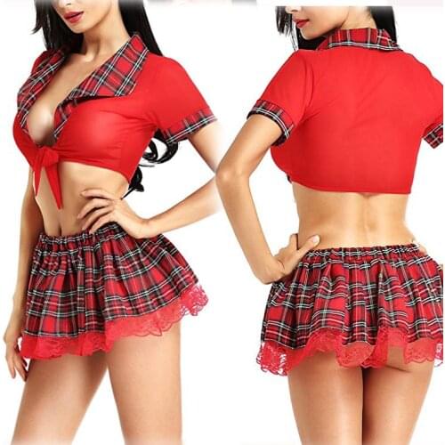 Women Fashion Sexy Lattice Underwear Lace Set Necktietemptation Uniforms Cosplay Student Uniforms Sexy Short Coat +short Skirt
