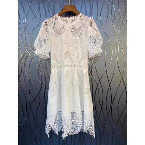 2021 Summer Fashion Cotton Dress High Quality Party Events Women Hollow Out Embroidery Short Sleeve Asymmetrical Sexy Dress