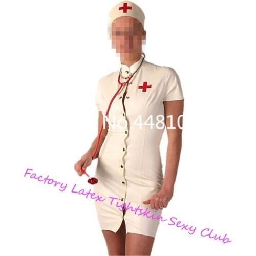 White Nurse Costume with Front Button Fly Latex Dress Womens Latex Rubber Tight Skirts With Cap sexy Cosplay costumes