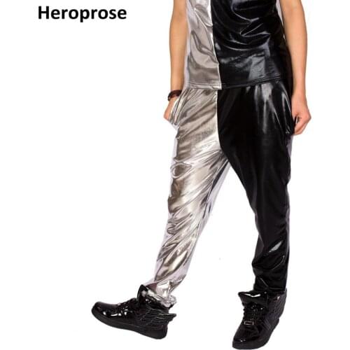 2017 New Fashion Black Silver Bronzing Patchwork Multi-pockets Hip Hop Jazz Stage Show Clothing Personality Dance Harem Pants